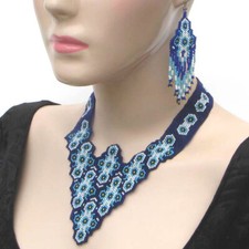 Handmade Beaded Blue Seed Bead Bib Necklace Earrings Set