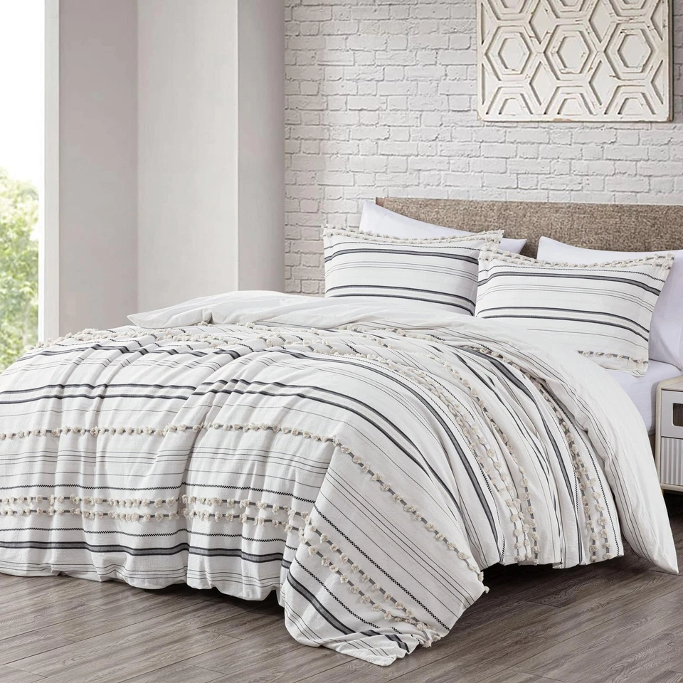 Juego de funda nórdica Chezmoi Collection Maru Jacquard algodón acolchado pompón rayas Foto 2 de 4