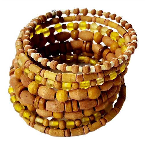 Yellow Glass and Wood Bead Memory Wire Tribal Style Wrap Bracelet Boho - Picture 3 of 5
