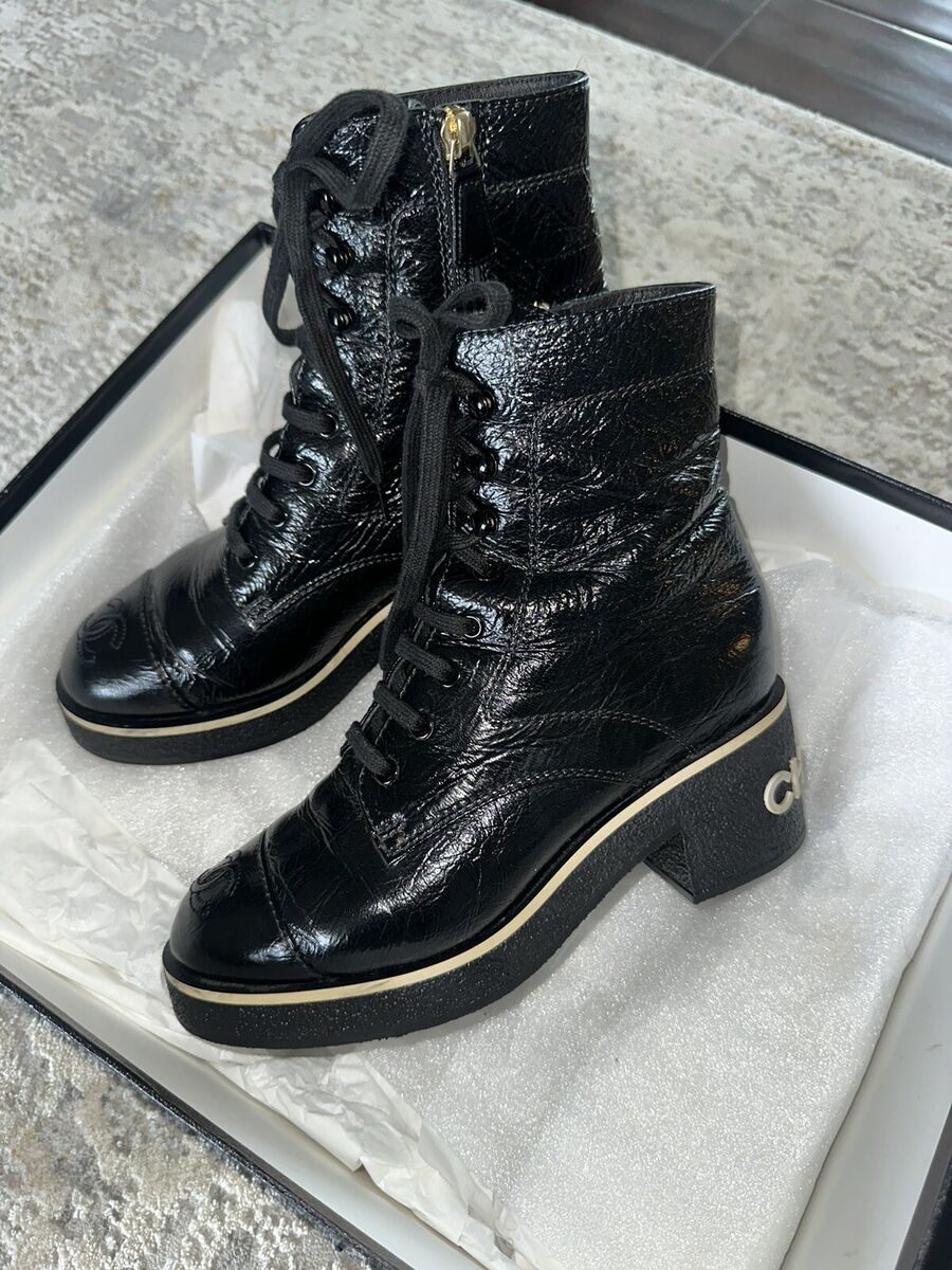 Chanel 21C Black Patent White Logo Combat Lace Up Tie Ankle Chanel 21C Black Patent White Logo Combat Lace Up Tie Ankle