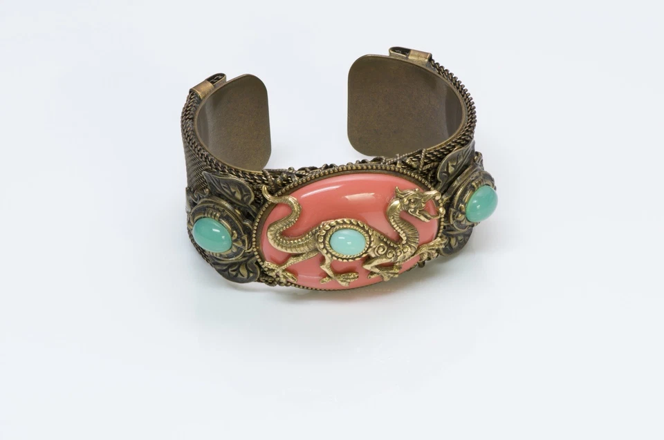 PATRICE Faux Coral Green Onyx Glass Mesh Dragon Cuff Bracelet - Image 2 of 4