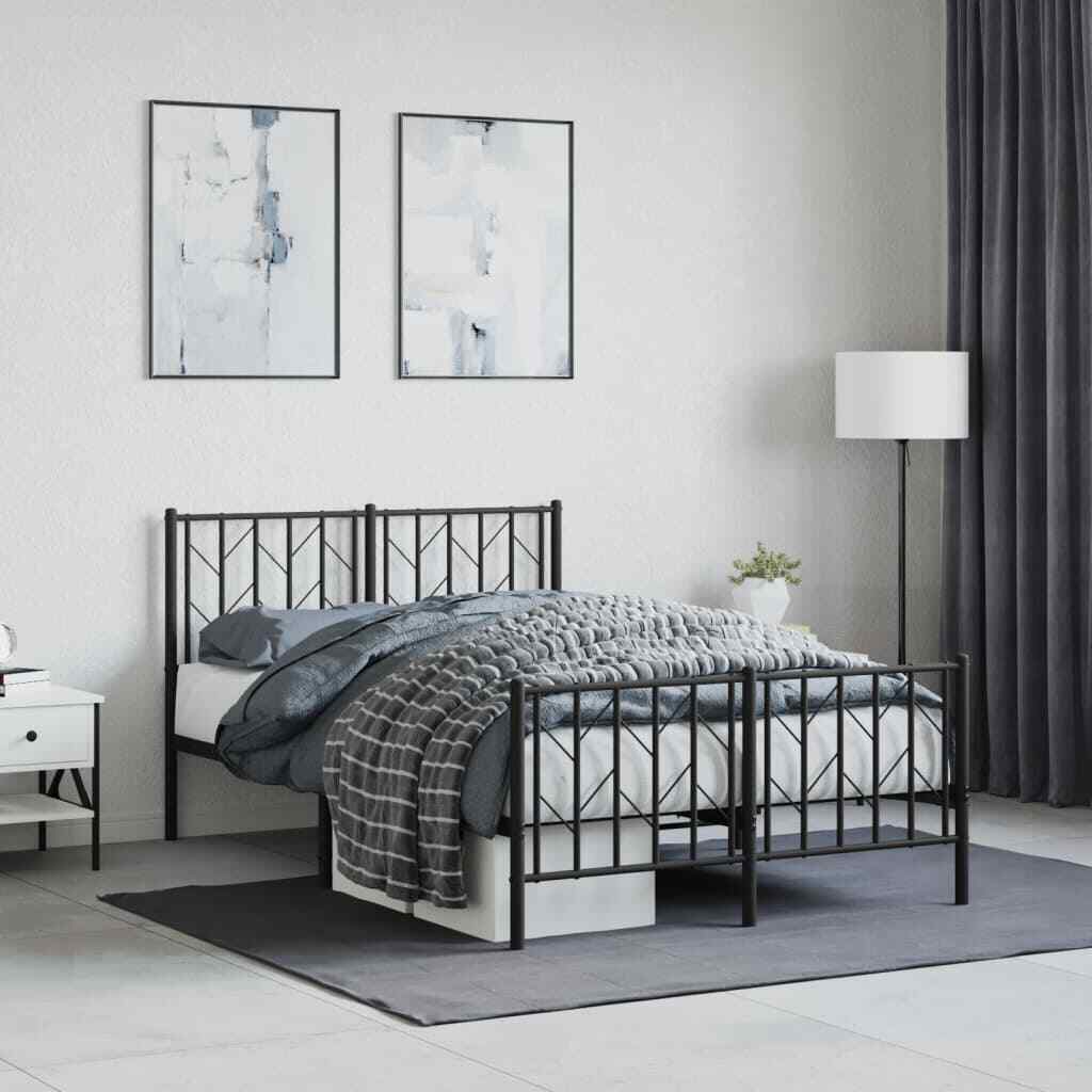 Metal Bed Frame with Headboard and Footboard Black 120x190 cm Small Double