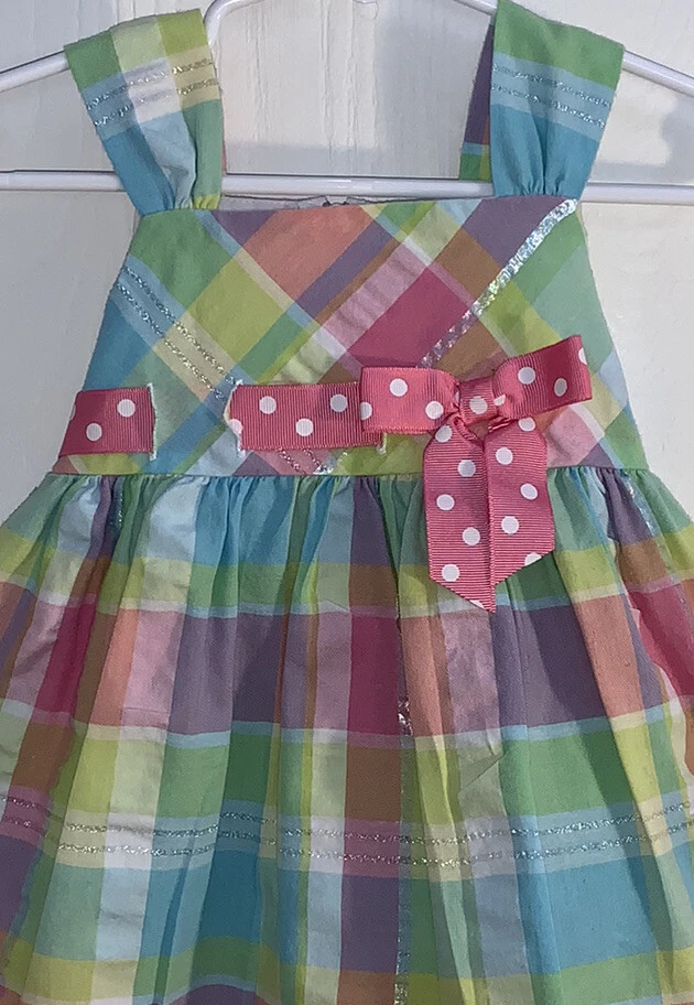 Bonnie Baby Baby Girl Sz 18M Sundress Pastel Plaid Pink Ribbon White Polka Dots - Image 3 of 4