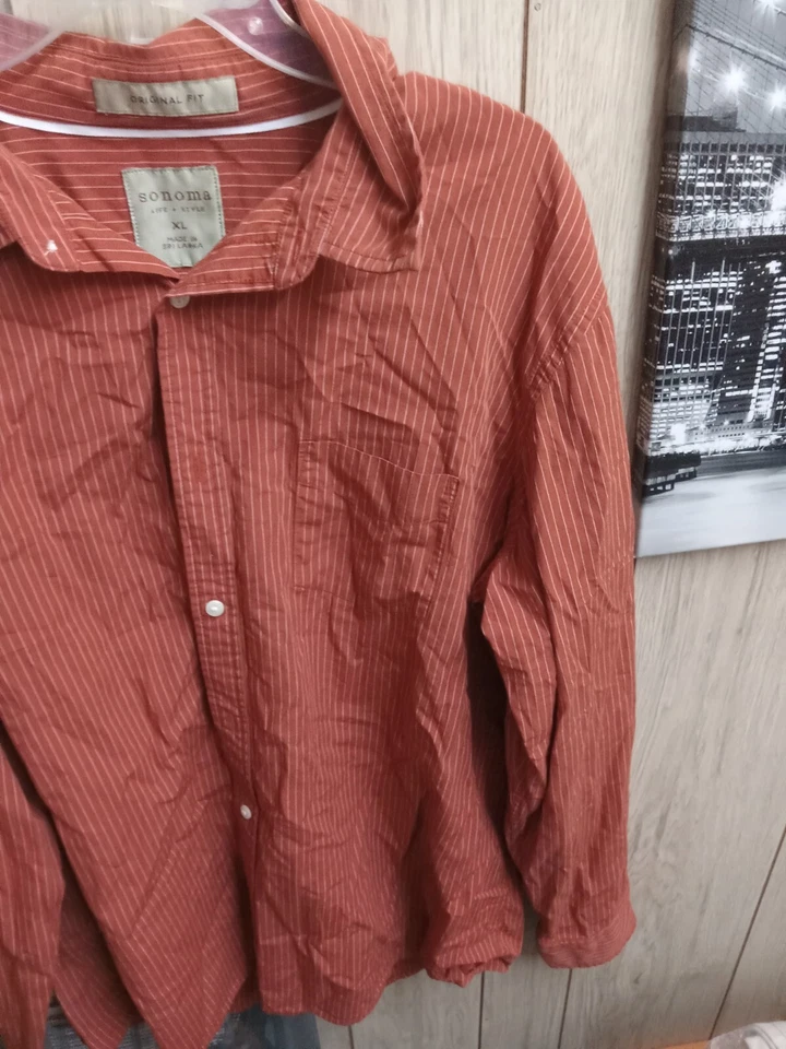 Sonoma Life & Style Long Sleeve Shirt Mens  Xl Orange With White Stripes - Image 4 of 4