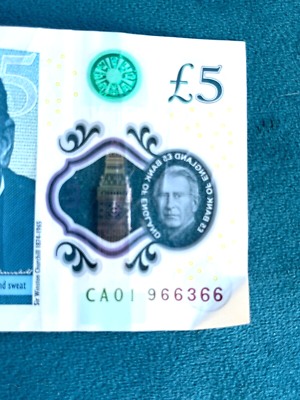 RARE KING CHARLES 5 POUND NOTE (2023) SERIAL NUMBERS CA 01 966366