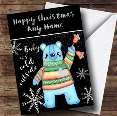 Personalisierte Kinderweihnachtskarte kalt draußen Schnee schwarz blau Bär