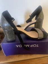 Top Moda Womens Black  Rhinestone Ankle Strap Heels Size 7