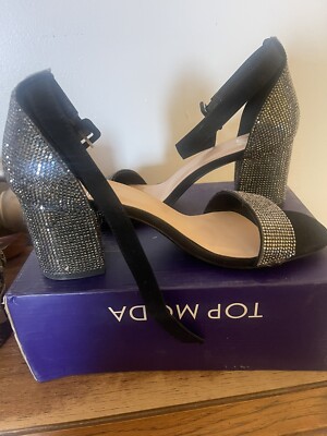 Top Moda Womens Black Rhinestone Ankle Strap Heels Size