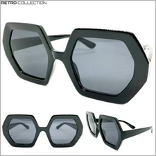 Oversized Exaggerated Retro Style SUNGLASSES Large Black Hexagon Frame Dark Lens