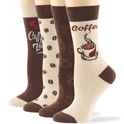 Women Coffee Beans Fun Cotton Crew Soft Socks -4 Pack Medium -Brown, Light Beige