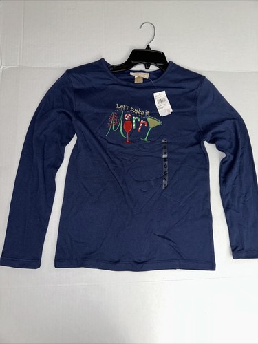 M&C Sportswear NWT Shirt Lets Make It Merry Holiday Blue LS Top Shirt Size Small - Picture 1 of 6