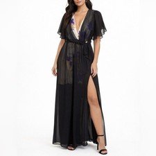 NWT Hanita Floral Maxi Dress Sheer Chiffon Overlay V Neck Black Beige Sz S