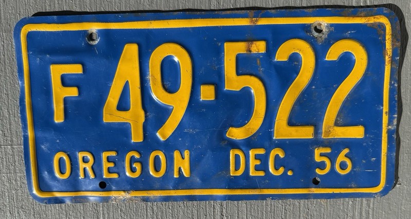 Vintage 56 Farm License Plate 1956 Oregon F 49-522 Blue Yellow