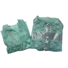 Vintage Bernette New York Nightgown Robe Sz L Blue Lace Sheer Peignoir Robe Set