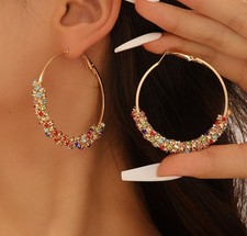 Fashion Women Large Colorful Rhinestone Hoop Earrings Sparkling Jewelry Gift