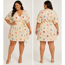 Never Fully Dressed Seashell Gold Foil Wrap Dress Cream Plus Size US 22