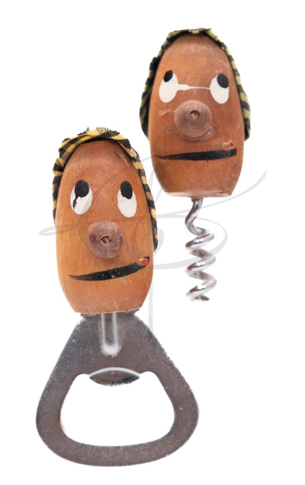 Vintage Hand Carved Wood Novelty Corkscrew and Bottle Opener Bar Set