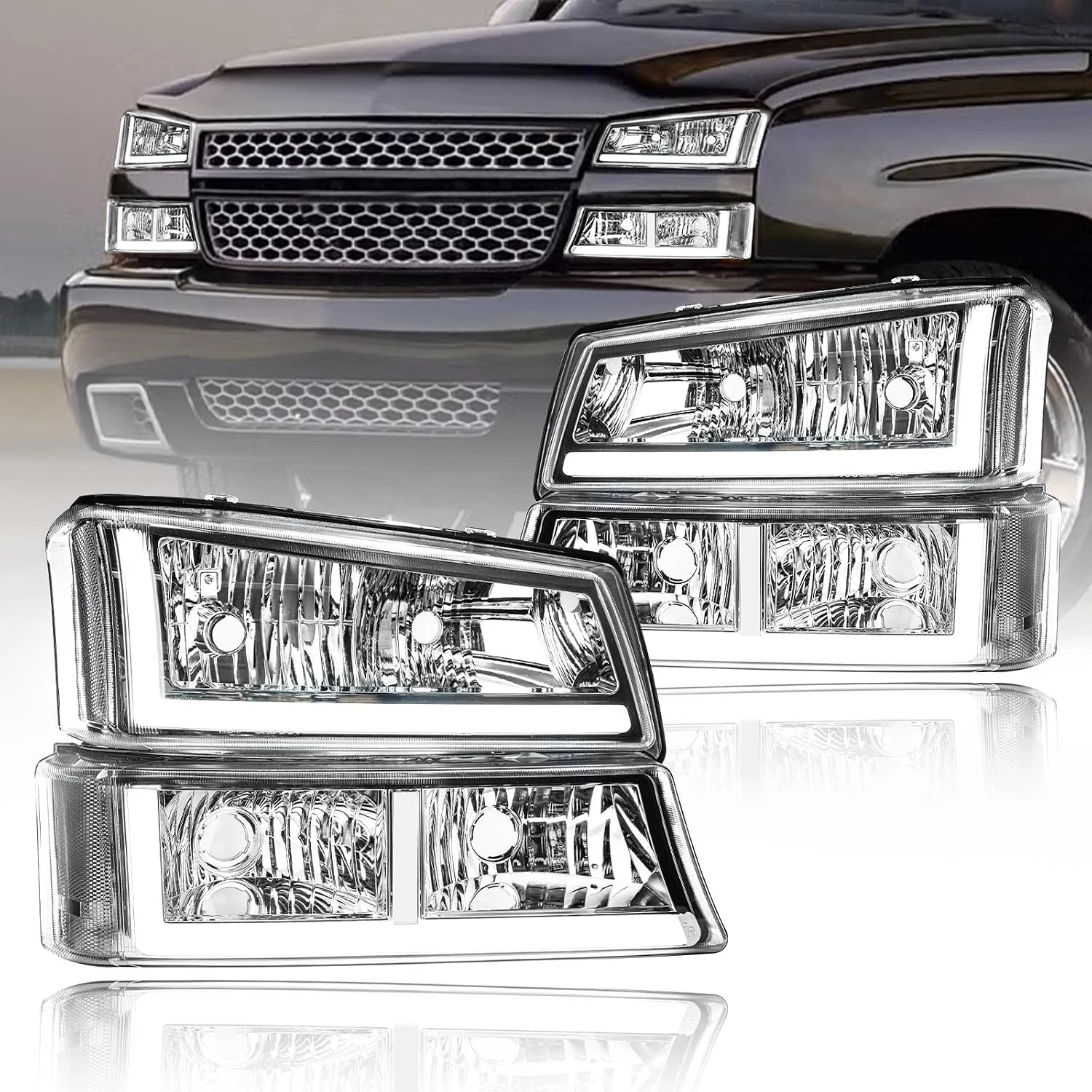For 2003-2006 Chevy Silverado 1500-3500 Chrome Headlights Headlamps w/ LED DRL