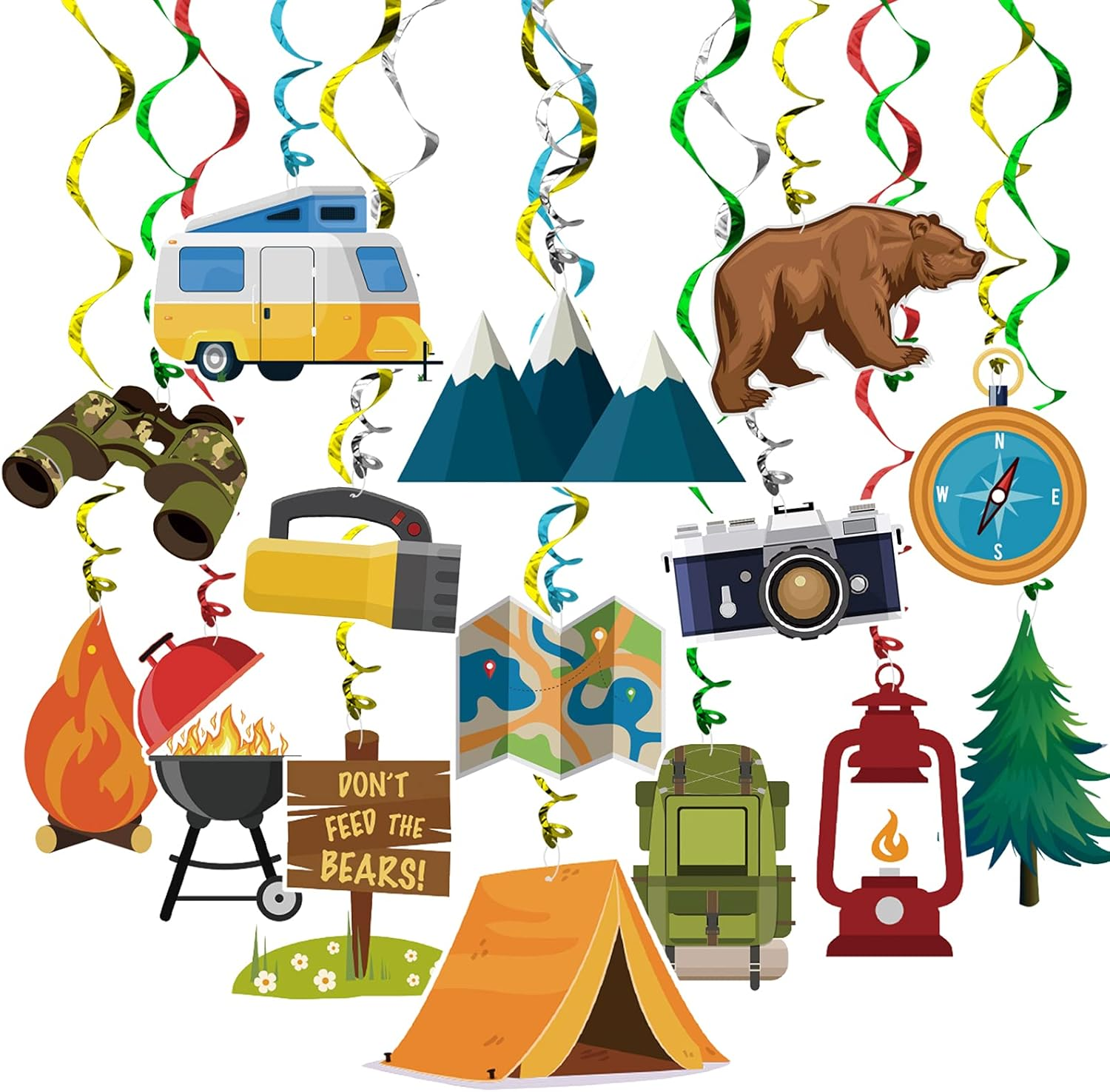 30-Pack Foil Swirl Ceiling Streamers for Camping & Party Decor