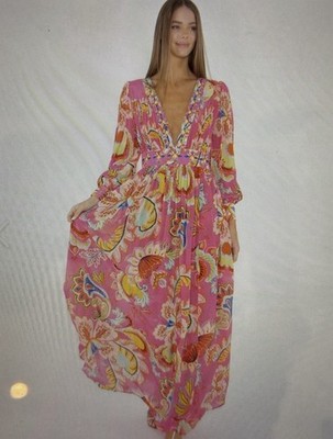 TAJ by SABRINA CRIPPA Pink Bohemian Maxi Dress, Hand Embroidered, S, NWT