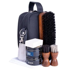 FootFitter Travel Shoe Shine Kit Horsehair Brushes Shoe Creams Black Navy