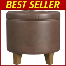 Brown Faux Leather Round Ottoman with Storage
