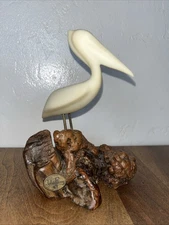Vintage John Perry Pelican Sculpture Statue Bird On Burl Wood Beach Decor