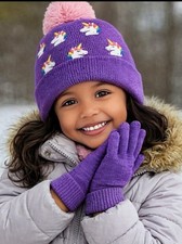 Purple Unicorn Beanie Hat  Glove Set Sparkly Knit Pom  Pom Kids Cuffed Mittens