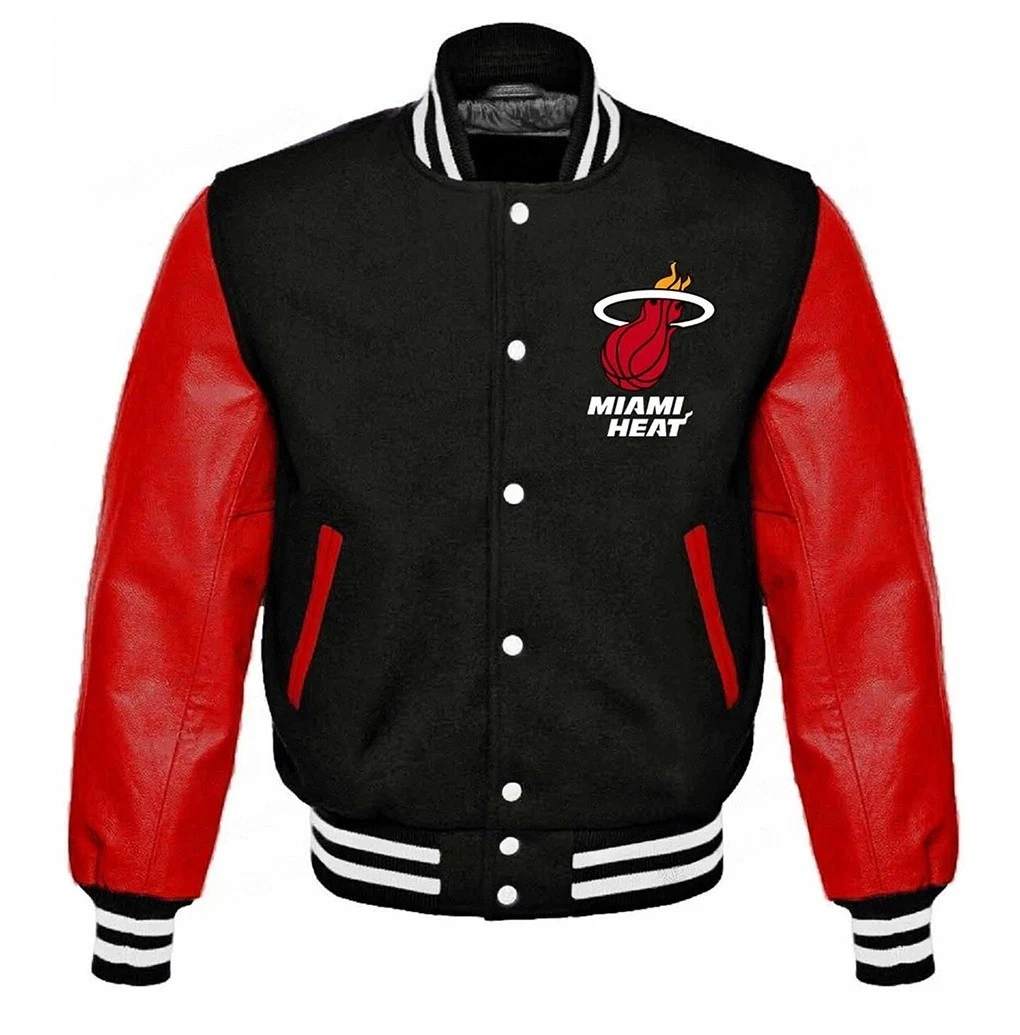 Miami Heat Black Body Red Leather Letterman Baseball Jacket Varsity Jacket
