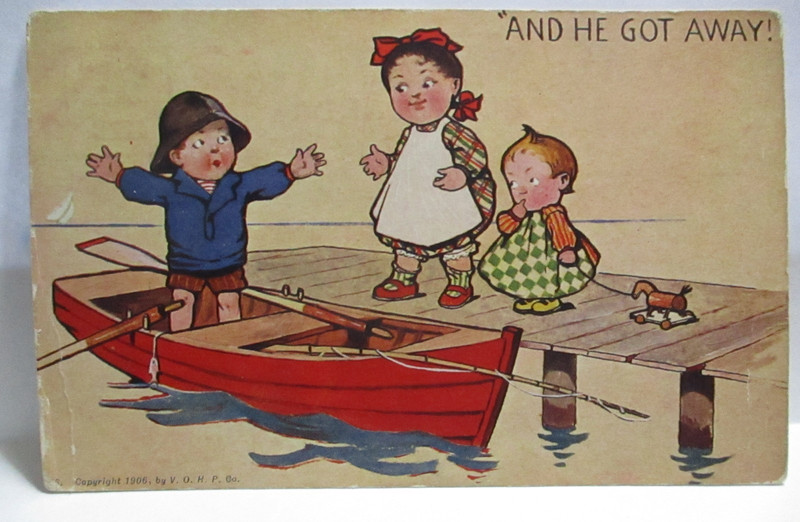 1910 POSTCARD AND HE GOT AWAY,  BOY FISHERMAN WITH ARMS SPREAD