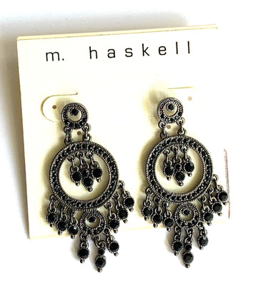 Vintage M. Haskell Black Gunmetal Chandelier Pierced Earrings NWT 2.25  Long