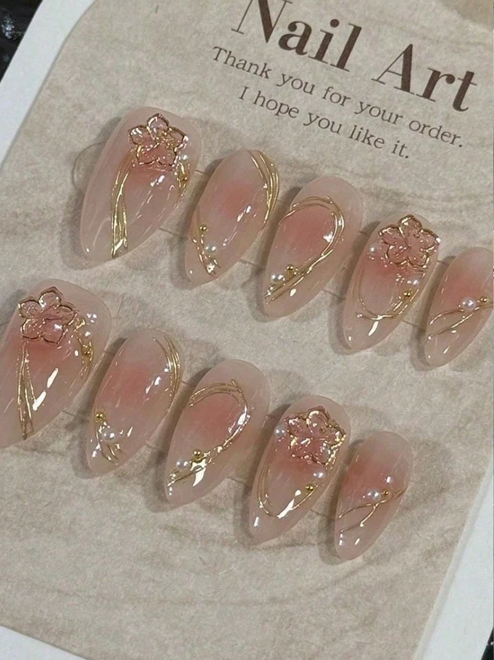 10 Pcs Handmade Press On Nails, Almond Nails, Inlaid With Golden Flower Strips