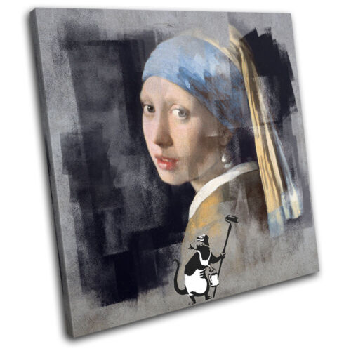Girl Pearl Earring Banksy Painter Urban SINGLE CANVAS WALL ART Picture Print - Picture 1 of 1