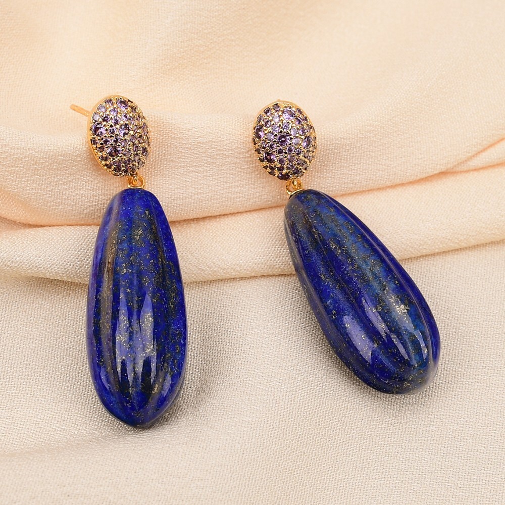 Natural Blue Lapis lazuli Teardrop Purple Zircon CZ Paved Stud Dangle  Earrings