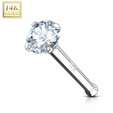 14K Solid Gold 20G Nose Bone Stud with Prong Set Circular Cubic Zirconia 6MM