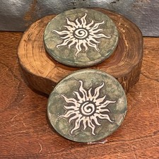 Spiral Sun Coaster Raku Pottery Handmade Signed J. Diller - Deep Green Set of 2