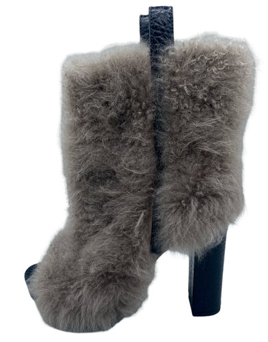 Bordeaux Gray Fur Open Toe Boots Size 