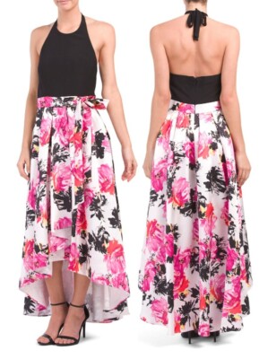CHETTA B BLACK / PINK Floral Print Maxi Dress Sz 14 - $59.99 NWT