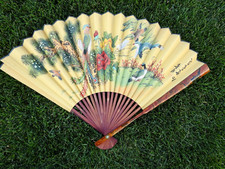 Vintage Hand Painted Asian Japanese Wall Art Birds Floral Fan 42" X 20" Long