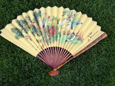 Vintage Hand Painted Asian Japanese Wall Art Birds Floral Fan  42" X 20" Long