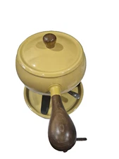 Vintage Fondue Set Gold Enamel Wooden Handles Japan