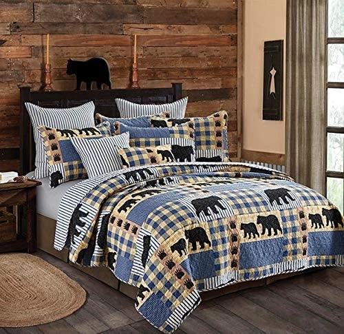 KING Yellow Blue Plaid Printed Primitive 3pc Quilt Set Bear Cub Paws - Image 3 of 4