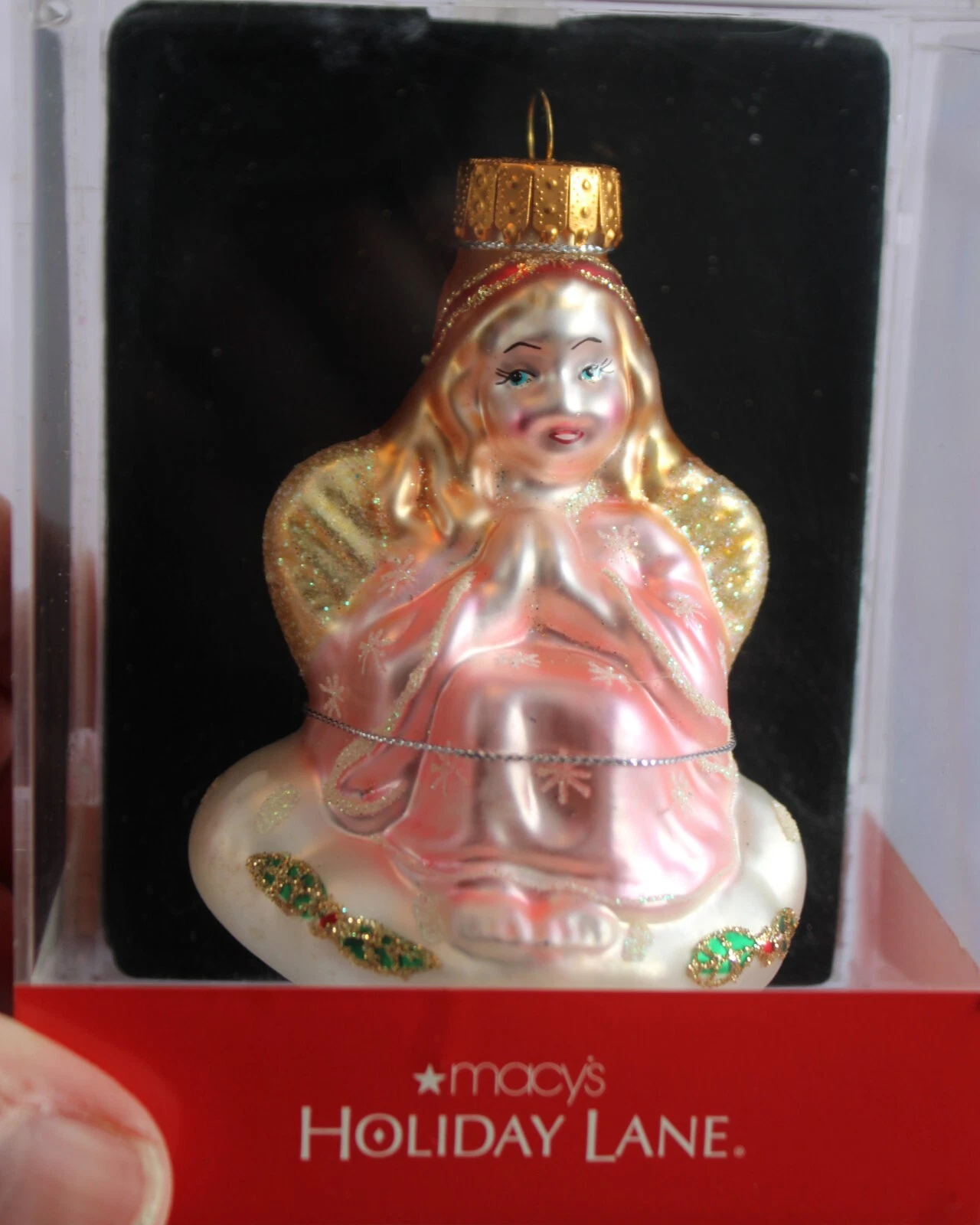 VINTAGE NOS MACY'S HOLIDAY LANE ANGEL BLOWN GLASS CHRISTMAS ORNAMENT w CASE