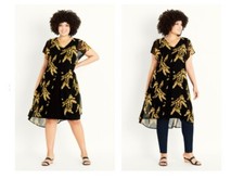 New EVANS Black & Gold / Mustard Palm Print Over-Layered Dress PLUS Size 22 (24)