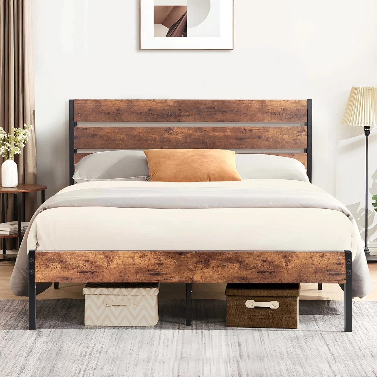 Vecelo Twin Full Queen Size Bed Frame Metal Platform With Wooden Headboard