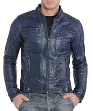 New Men's Navy Blue Jacket Genuine Lambskin Leather  Biker Motorcycle Jacket