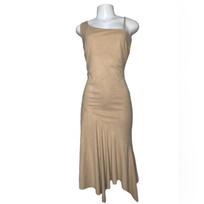 Y2K Tan Faux Suede Asymmetrical Dress Sz 6 One Shoulder YESSICA Minimalist Boho