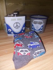 VOLKSWAGEN CAMPER VAN Set STAINLESS STEEL 6 oz HIP FLASK, Socks 7-9, Enamel Mug