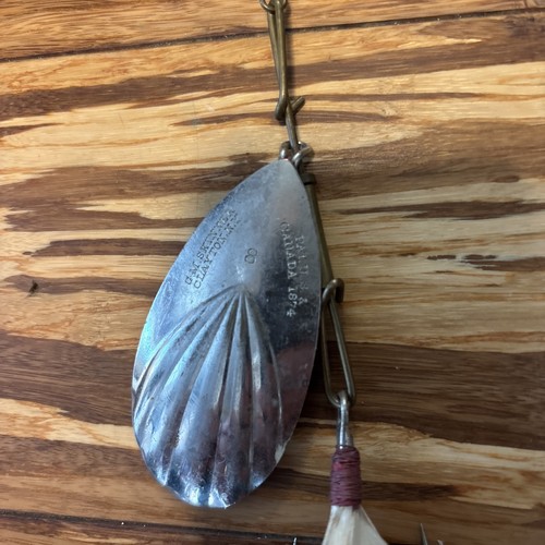 VINTAGE G.M. SKINNER # 8 METAL SPINNER FISHING LURE BRASS RED WHITE - Picture 3 of 8