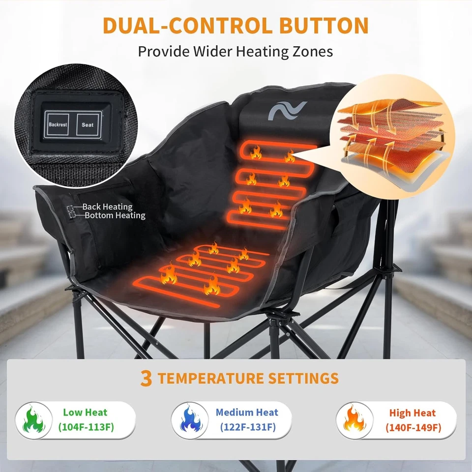 H&ZT Heated Camping Chair, Padded Heated Fishing Chairs Lawn Chair Patio Lounge - Image 3 of 4